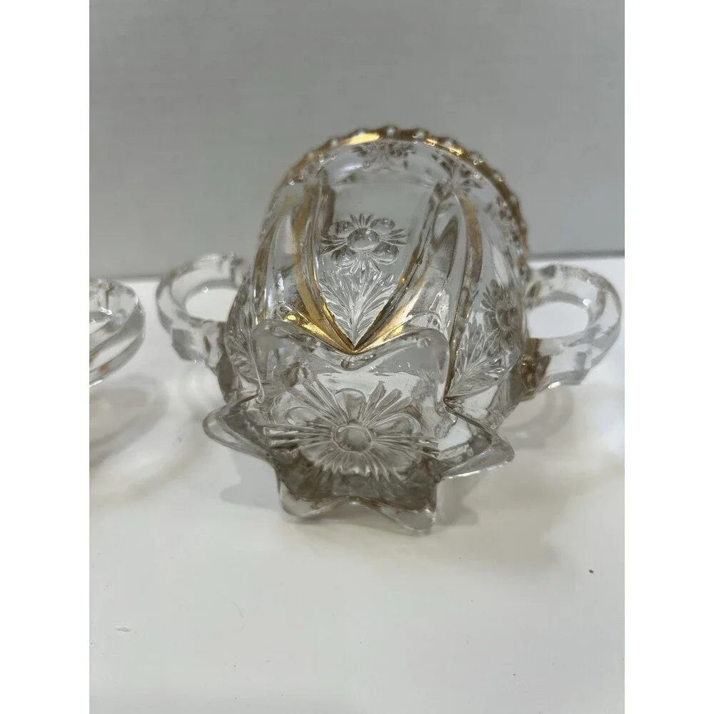 Antique 1897 EAPG Glass Sugar And Creamer Set Harvard Yard Gold Gilding Trim